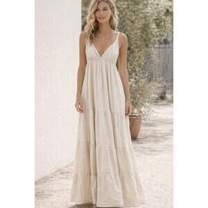 Seaspice Resort Wear Plunge V Neck Cotton Maxi Dress Cover Up Tan Beige Medium